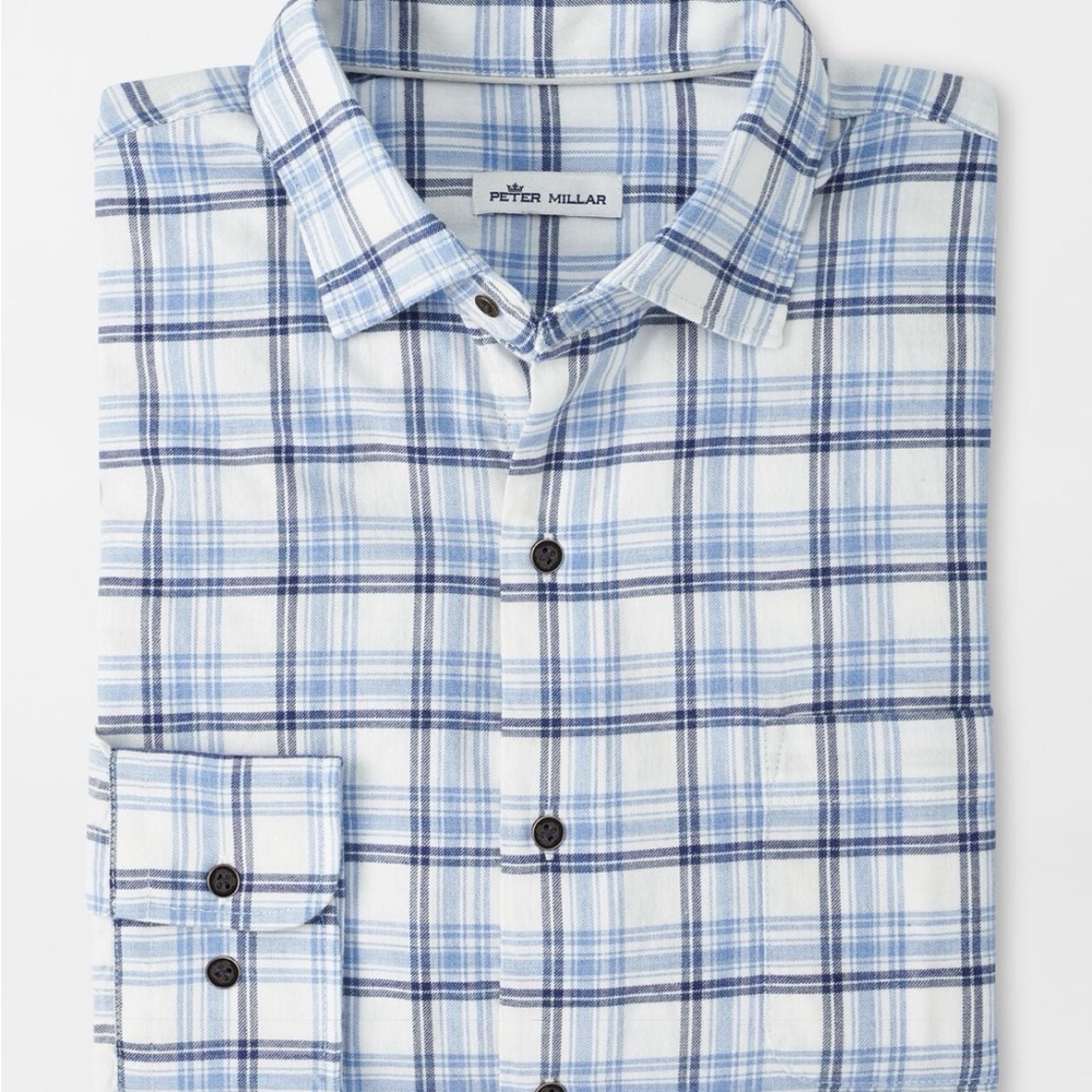 PETER MILLAR BLUE PLAID MALLARD VIEW COTTON SPORT SHIRT